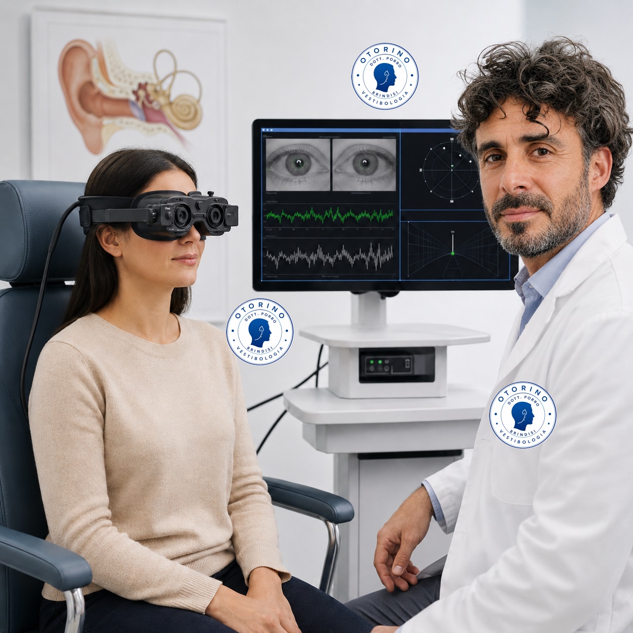 otorino porro in ambulatorio mentre controlla al monitor paziente con vertigini